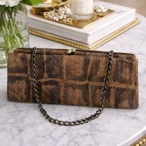 HOBO INTERNATIONAL Brown Leather Animal Print Convertible Clutch w/ Chain Strap